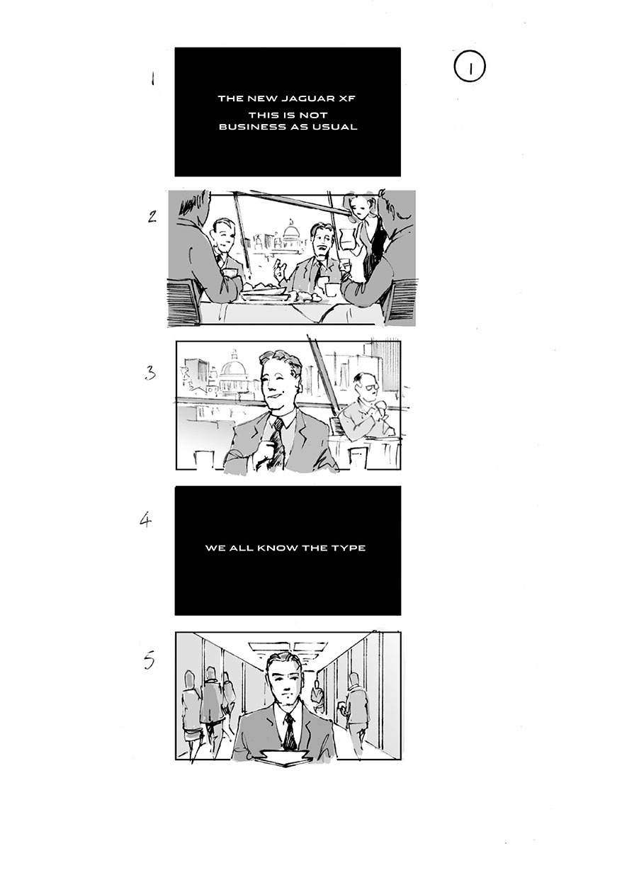 douglas ingram, storyboard art, jaguar not business as usual car commercial