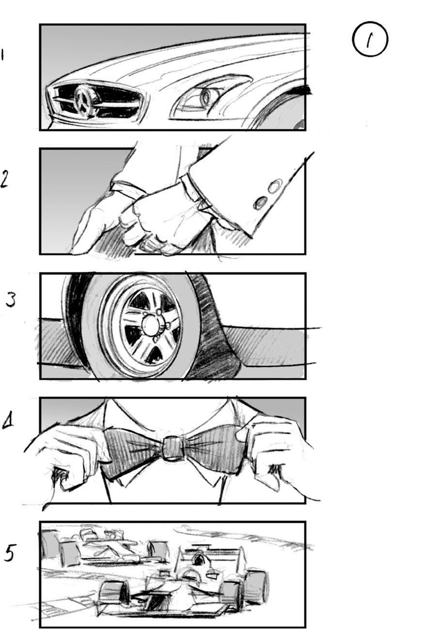 douglas ingram, storyboard art, mercedes car commercial