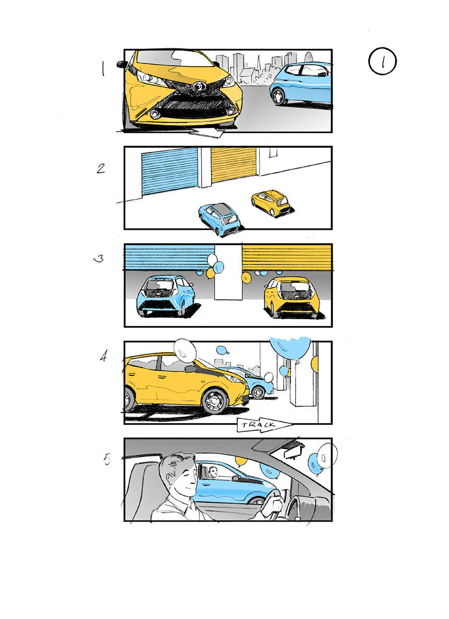 douglas ingram, storyboard art, toyota aygo car commercial