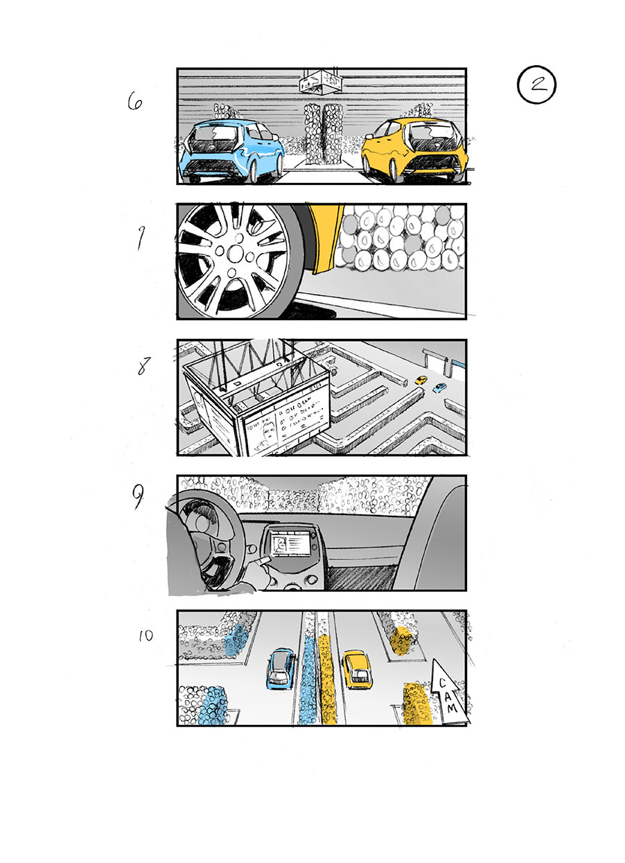 douglas ingram, storyboard art, toyota aygo car commercial