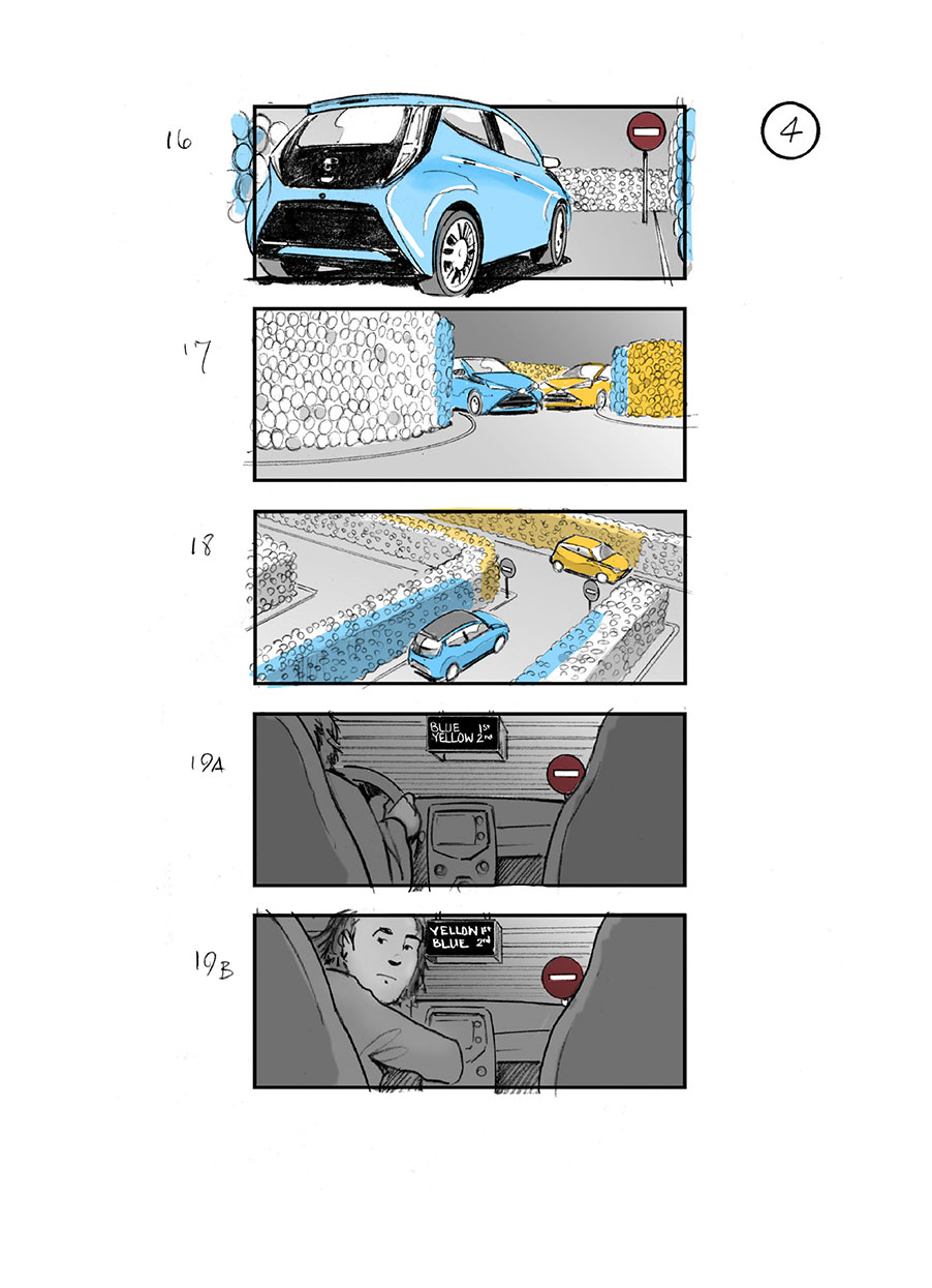 douglas ingram, storyboard art, toyota aygo car commercial