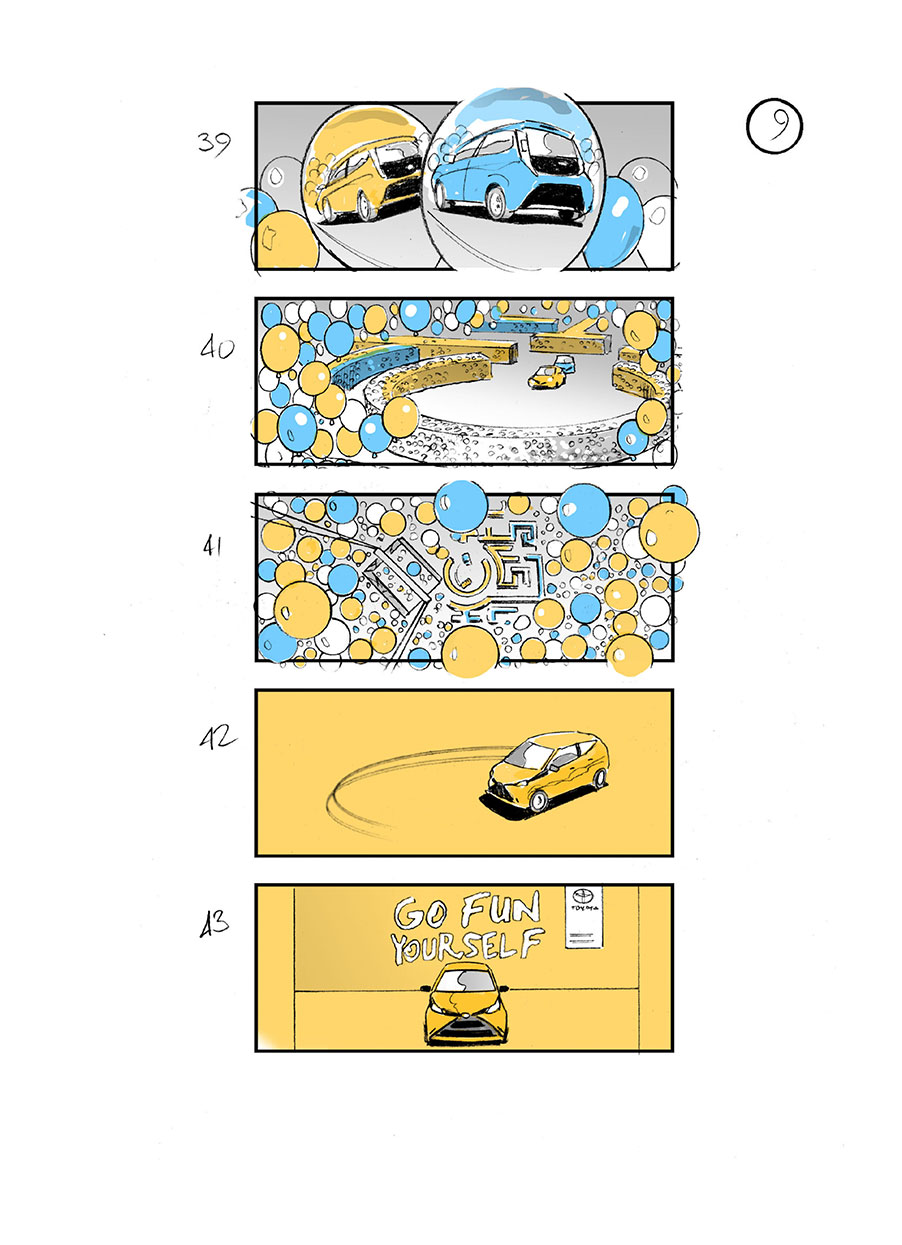 douglas ingram, storyboard art, toyota aygo car commercial